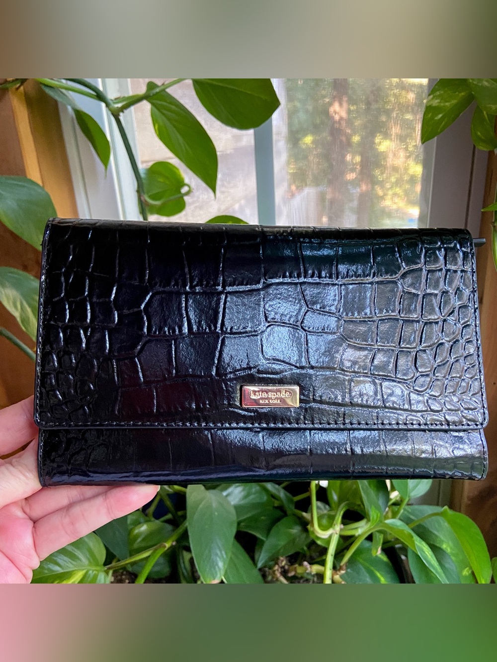 Kate Spade Bristol Drive Croc Phoenix Travel Wallet Black-Organizer Tri-Fold EUC